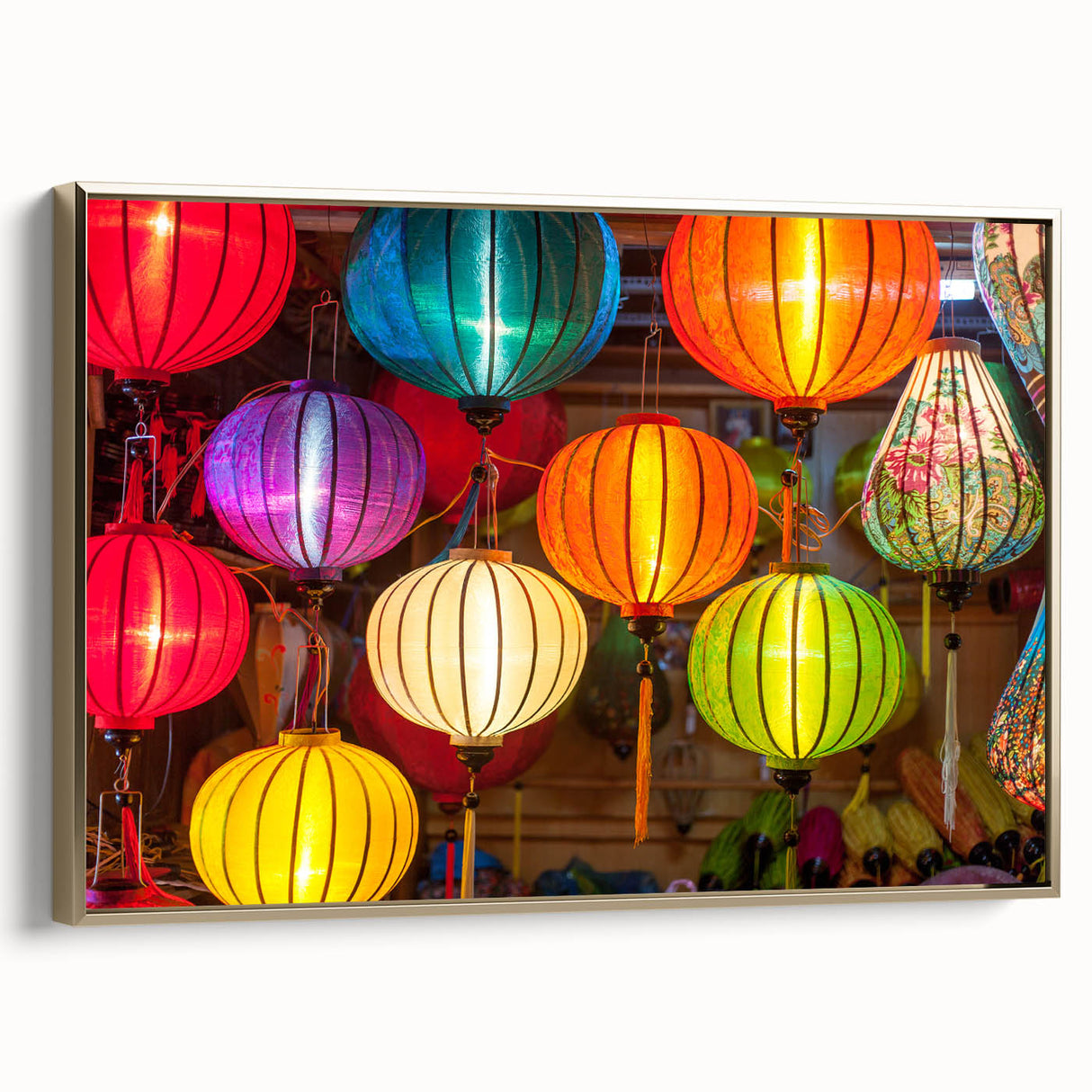 Framed canvas depicting a vintage-style Shanghai landscape in black and gold tones, ideal for bedroom wall art.