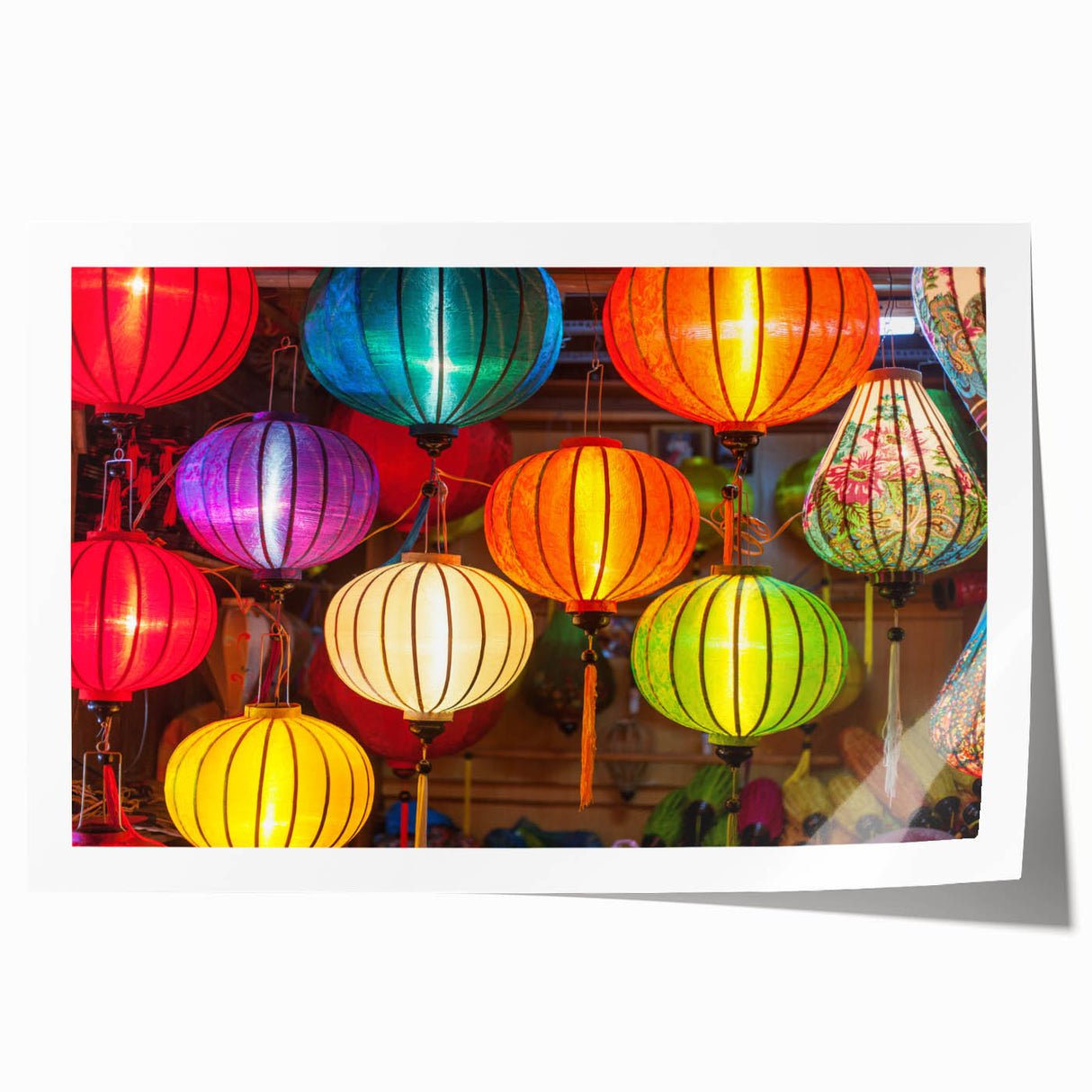 Extra large rolled print depicting vibrant Shanghai skyline with floral accents, ideal for dining room wall art.