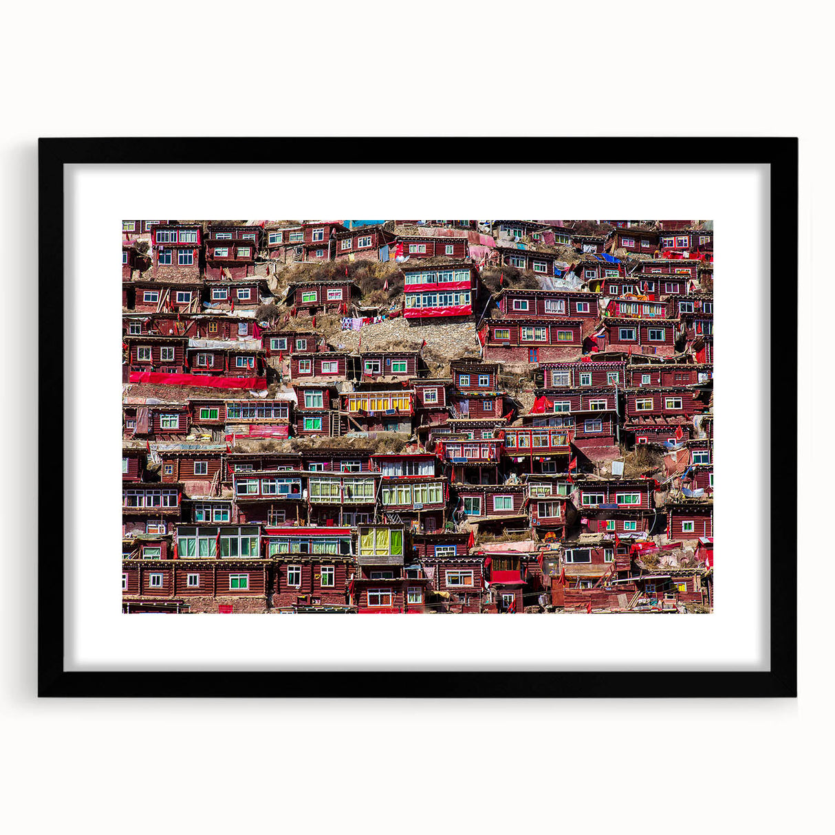Extra large abstract art print of a colorful Tibetan landscape on textured canvas, ideal for living room decor.