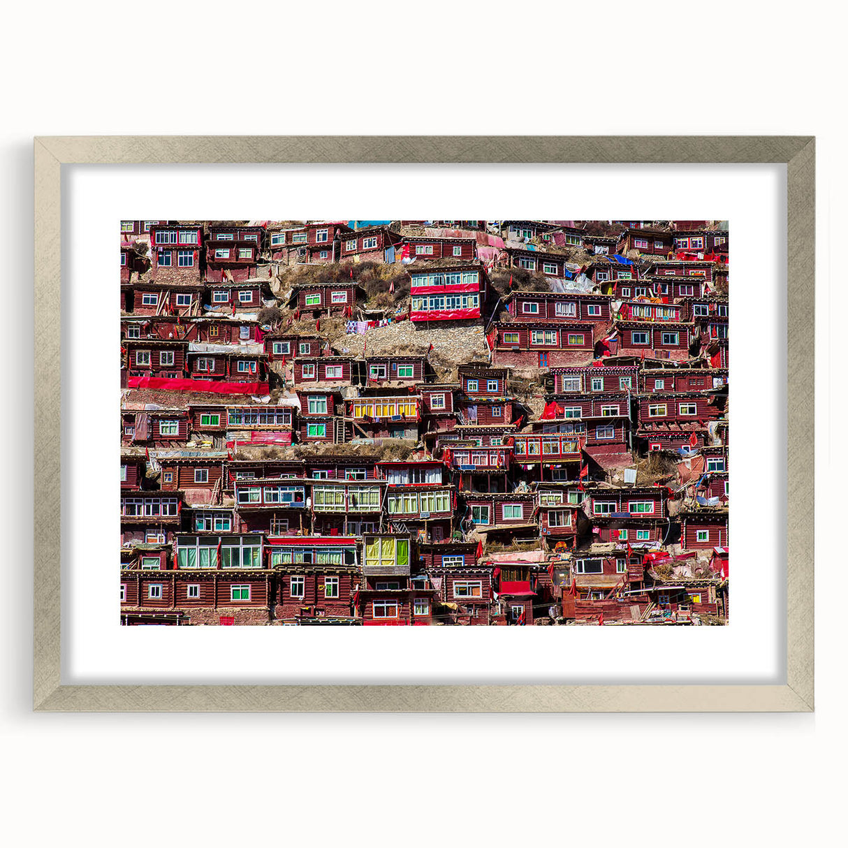 Abstract textured art depicting a Tibetan landscape in muted gray and silver tones on a framed canvas.