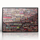 Large abstract wall art depicting a Tibetan landscape in muted earth tones on a framed acrylic.