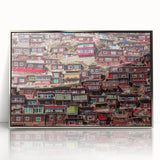 Mid-century modernist art depicting a serene Tibetan landscape in muted earth tones on a silver-framed acrylic print.