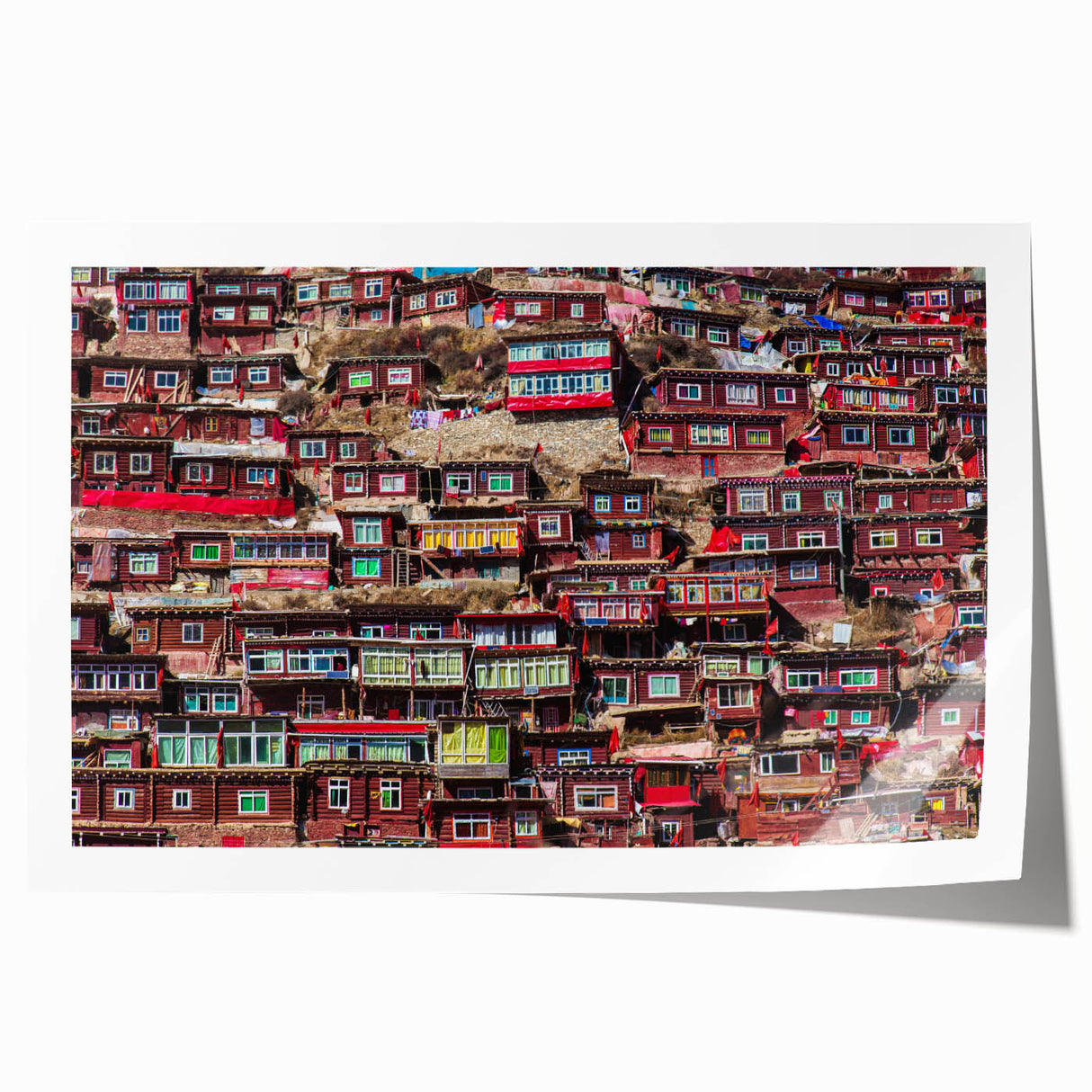 Extra large rolled print of a Tibetan landscape in muted earth tones, ideal for dining room wall art.