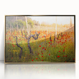 Large art print of a tranquil Asian landscape in muted gold and green tones, framed acrylic, ideal for modern art wall decor.