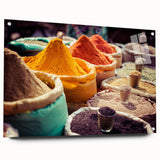 Large abstract wall art depicting vibrant hues of the Indian landscape on acrylic glass, ideal for dining room decor.