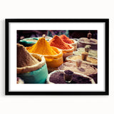 Extra large abstract art print of colorful, textured Indian scenery on a black framed canvas, ideal for living room decor.