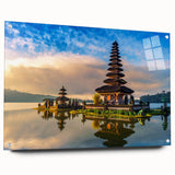 Large abstract wall art depicting Indonesian scenery in muted green and blue tones on acrylic glass.