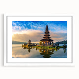 Abstract art print of an Indonesian landscape in muted earth tones on a framed white canvas, suitable for dining room decor.