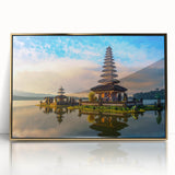 Large framed acrylic print of a serene Indonesian landscape in soft gold and green hues, ideal for modern art wall decor.