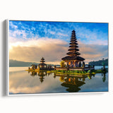 Vintage poster art of an Indonesian landscape on framed canvas, featuring vibrant colors ideal for living room decor.