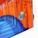 Large abstract wall art depicting a Kyoto scenery in muted earth tones on acrylic glass, ideal for dining room decor.