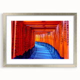 Textured art of a serene Kyoto scenery in muted earth tones on a framed silver mat, suitable for bedroom art.