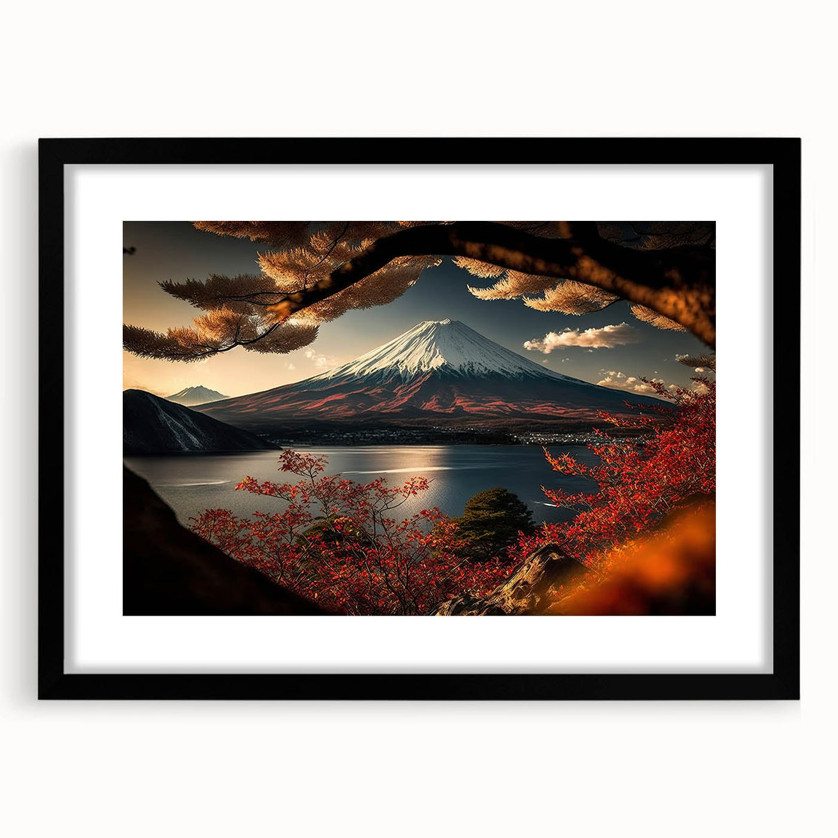 Extra large framed wall art of Mount Fuji in vibrant colors with textured abstract style, suitable for living room decor.