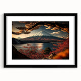 Extra large framed wall art of Mount Fuji in vibrant colors with textured abstract style, suitable for living room decor.