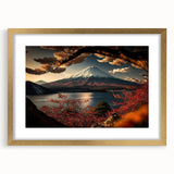 Extra large wall art featuring an abstract depiction of Mount Fuji in textured shades of blue and white, framed in gold.