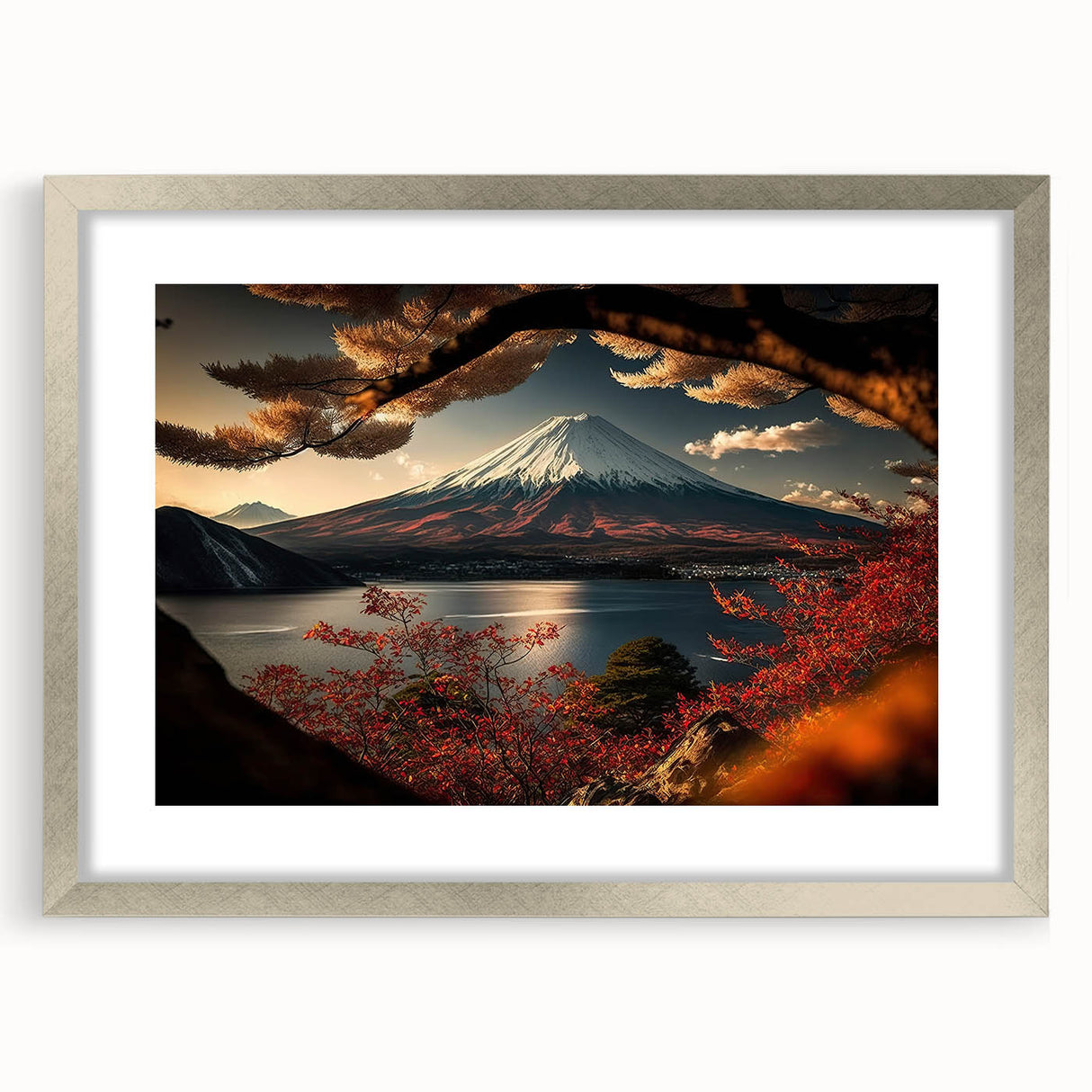Textured art print of Mount Fuji in muted blue and white tones on a framed canvas, suitable for bedroom decor.