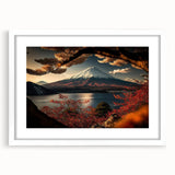 Abstract art print of Mount Fuji in muted blue and white tones, framed with a white mat.