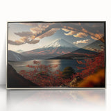 Mid-century modernist art of Mount Fuji with muted blue and white tones on a framed acrylic print.
