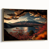 Framed canvas depicting Mount Fuji in muted black and gold tones, ideal for bedroom wall art.