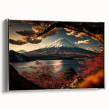 Framed canvas landscape art painting of Mount Fuji with colorful vintage poster art style, ideal for living room decor.