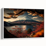 Vintage poster art of Mount Fuji with colorful palette on extra large framed canvas, ideal for living room decor.
