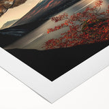 Art deco poster of Mount Fuji in muted grays and blues on rolled canvas, suitable for dining room decor.