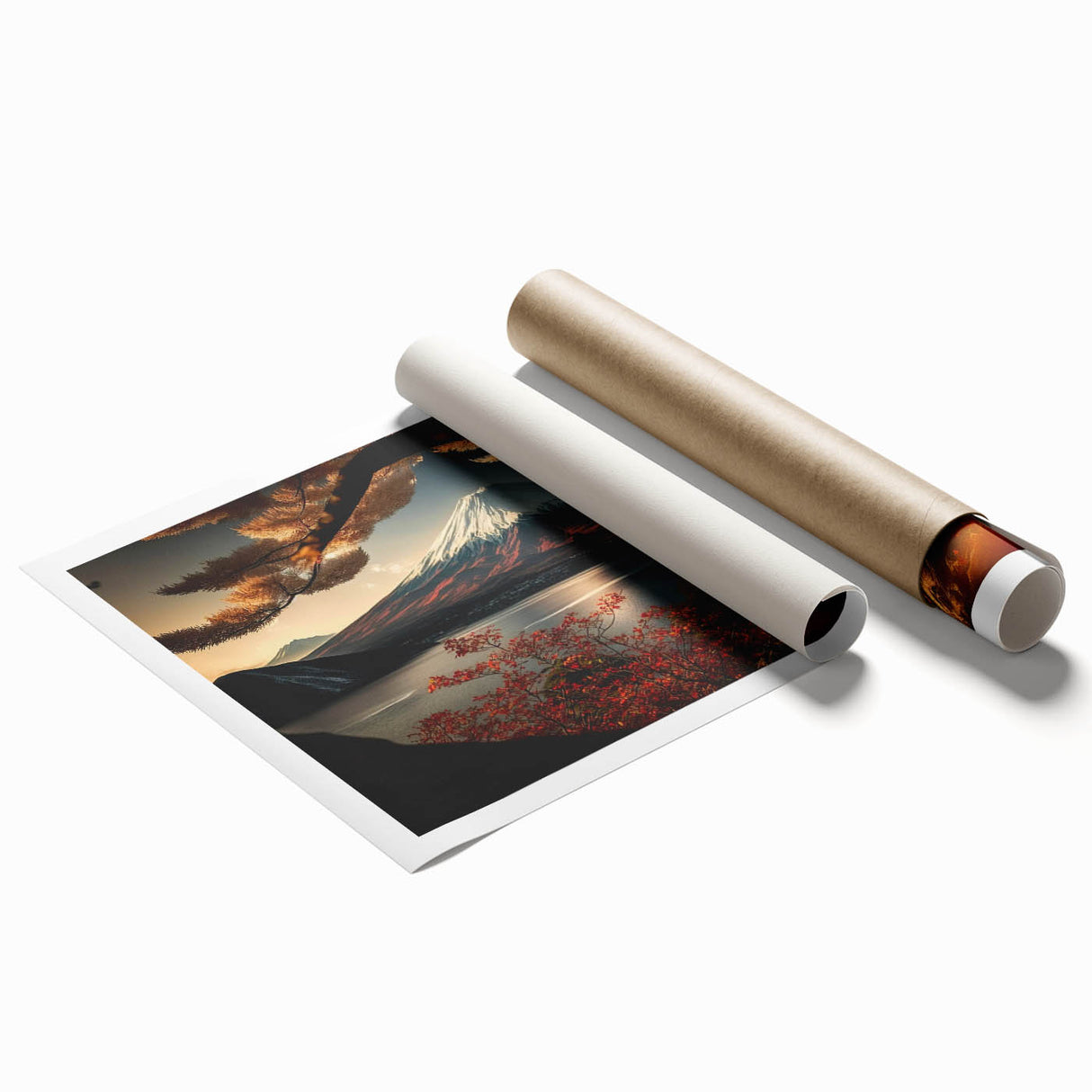 Rolled print of Mount Fuji with cherry blossoms in pastel shades, suitable for classy bathroom or large living room decor.