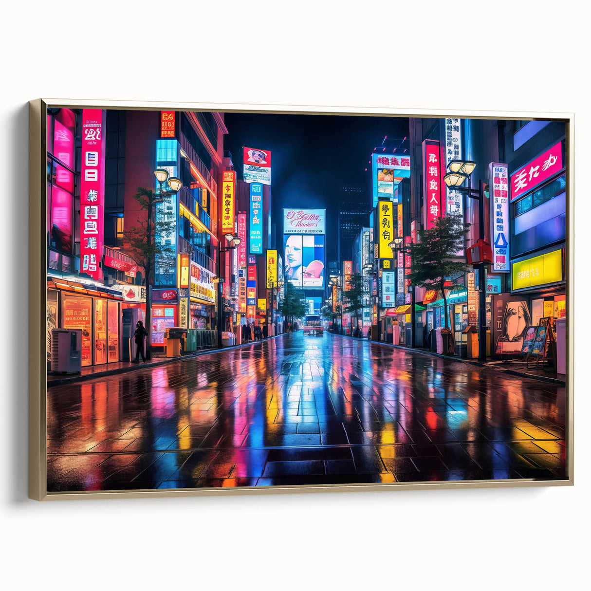 Framed canvas depicting a vintage-style Tokyo landscape in black and gold tones, ideal for bedroom wall art.