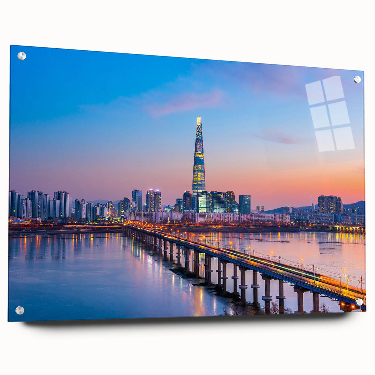 Acrylic print of Seoul skyline in muted gray and blue tones, ideal for modern bedroom ambiance.