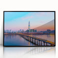Large abstract wall art depicting Seoul's skyline in muted gray tones on a black framed acrylic.