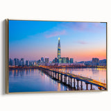 Framed canvas of Seoul landscape with vintage poster art style in black and gold, ideal for bedroom wall decor.