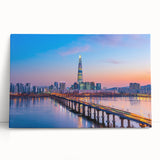 Black and white large art of Seoul skyline on stretched canvas, ideal for kitchen wall art or bedroom.