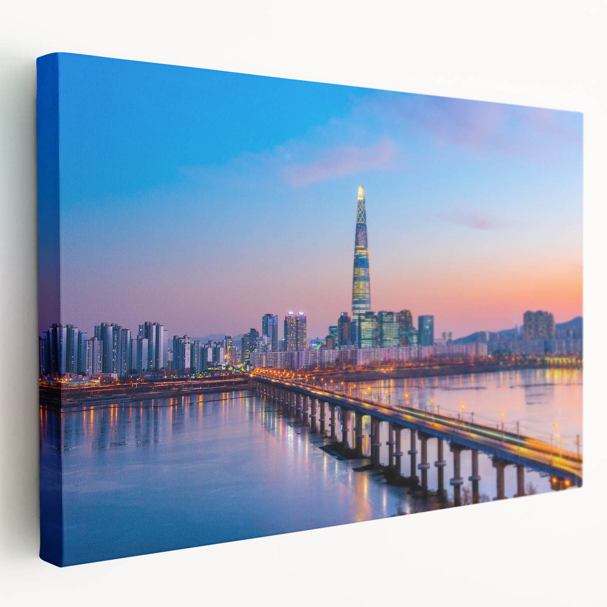 Large canvas print of Seoul cityscape in muted gray and blue tones, ideal for kitchen wall art.