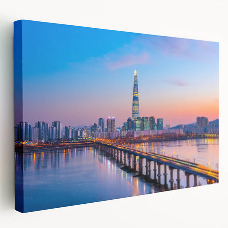 Large canvas print of Seoul cityscape in muted gray and blue tones, ideal for kitchen wall art.