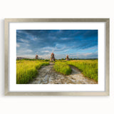 Textured abstract art print of an Asian landscape in muted earth tones, framed in silver, ideal for bedroom art.