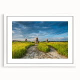 Abstract art print of a serene Korean landscape in muted earth tones, framed with a white mat.