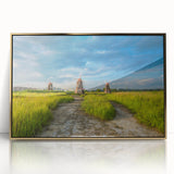 Mid-century modernist style large art print of a serene Korean landscape in muted earth tones, framed in gold acrylic.