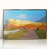 Acrylic print of a Laos landscape in gold and green tones, framed in mid-century modernist style.