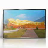 Mid-century modernist art depicting a serene Laos landscape in muted greens and blues on a framed acrylic print.