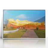 Acrylic print of a serene Laotian landscape in muted greens and blues, framed in white.