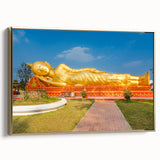 Framed canvas featuring a vintage-style landscape painting of a Laotian scenery in muted gold and black tones.