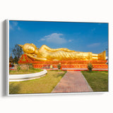 Vintage poster art of a Laos scenery on a white framed canvas, featuring colorful art in extra large size.
