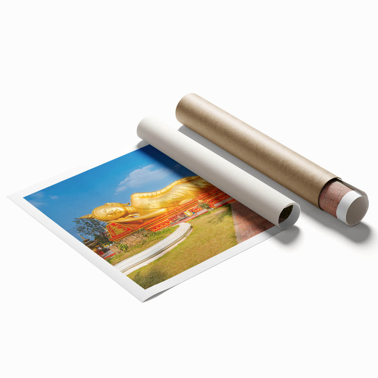Extra large rolled print of a Laos scenery with vibrant floral elements, ideal for classy bathroom wall art.