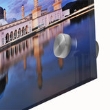 Large abstract wall art depicting a Malaysian landscape in vibrant hues on acrylic glass, suitable for dining room decor.