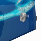 Acrylic print of a large abstract depiction of Maldivian scenery in blue and green hues, ideal for dining room art.