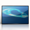 Large abstract wall art depicting a serene Maldivian scenery in muted blue and green tones on a framed acrylic.