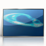 Mid-century modernist art depicting a serene Maldives beach scene in muted blue and white tones.