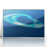 Art deco poster of Maldives scenery on white framed acrylic, featuring serene blue and green tones.