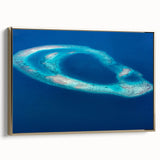 Framed canvas depicting a serene Maldives landscape in muted blues and greens, ideal for bedroom wall art.