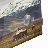 Large abstract wall art depicting a Mongolian landscape in earthy tones on acrylic glass, ideal for dining room art.